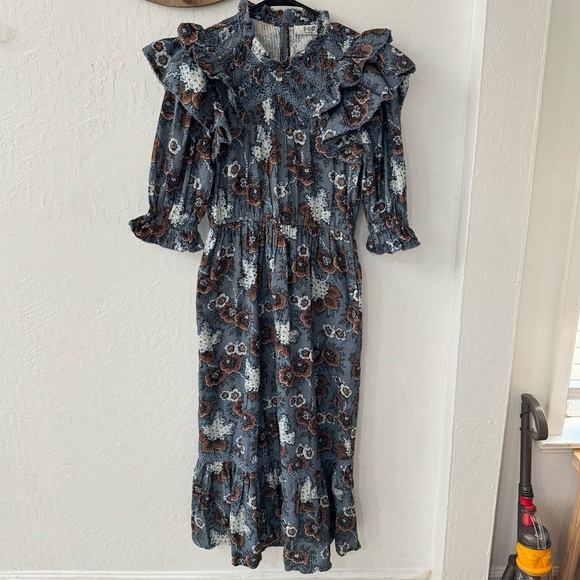 Sea New York Lucinda Seersucker Flutter Sleeve High Neck Ruffle Midi Dress - Picture 2 of 16